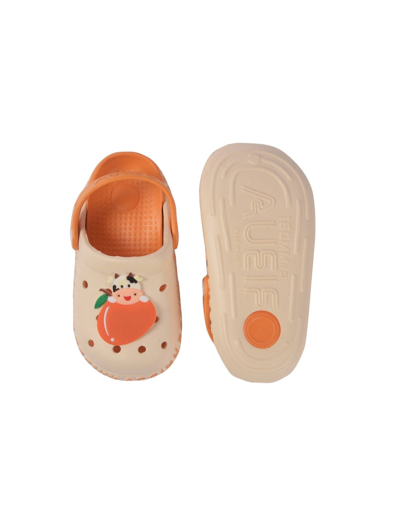 Beige garden sandal for kids featuring a cow design, orange accents, and breathable -top.