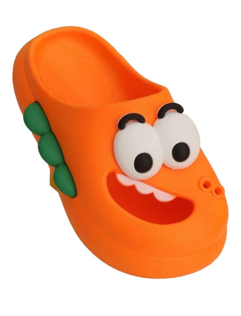 Angle view showing the playful design of the Orange Cartoon Dinosaur Slides for Boys