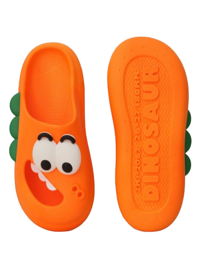 Front and back view of Orange Cartoon Dinosaur Slides, showing the full design and sole