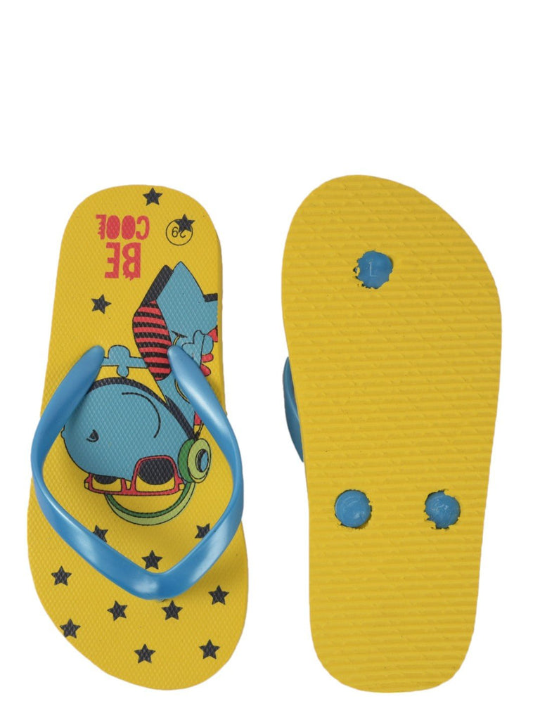 Charming Dino Printed Flip-Flops For Boys, Yellow-front & back view..