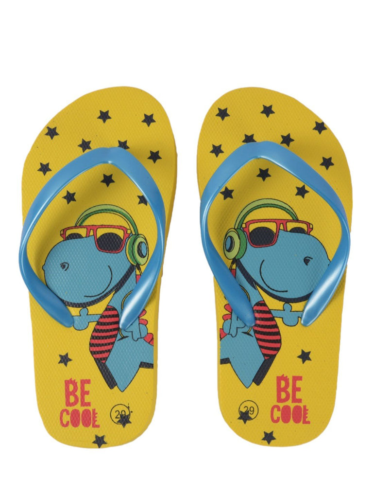 Charming Dino Printed Flip-Flops For Boys, Yellow-front & back view