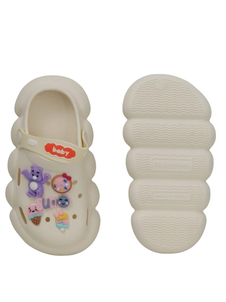 Top and bottom view of Toddler Fantasy Clogs, highlighting the anti-slip design and decorative charms