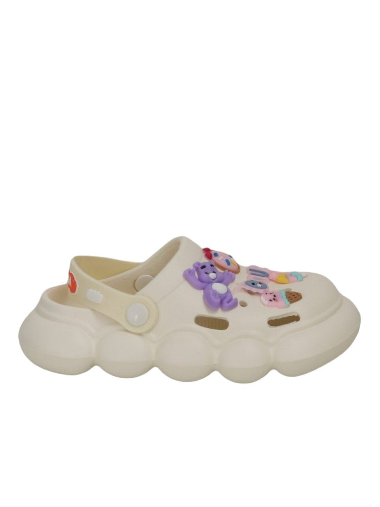 Side view of a Toddler Fantasy Clog with fun charms, illustrating the comfortable strap design.