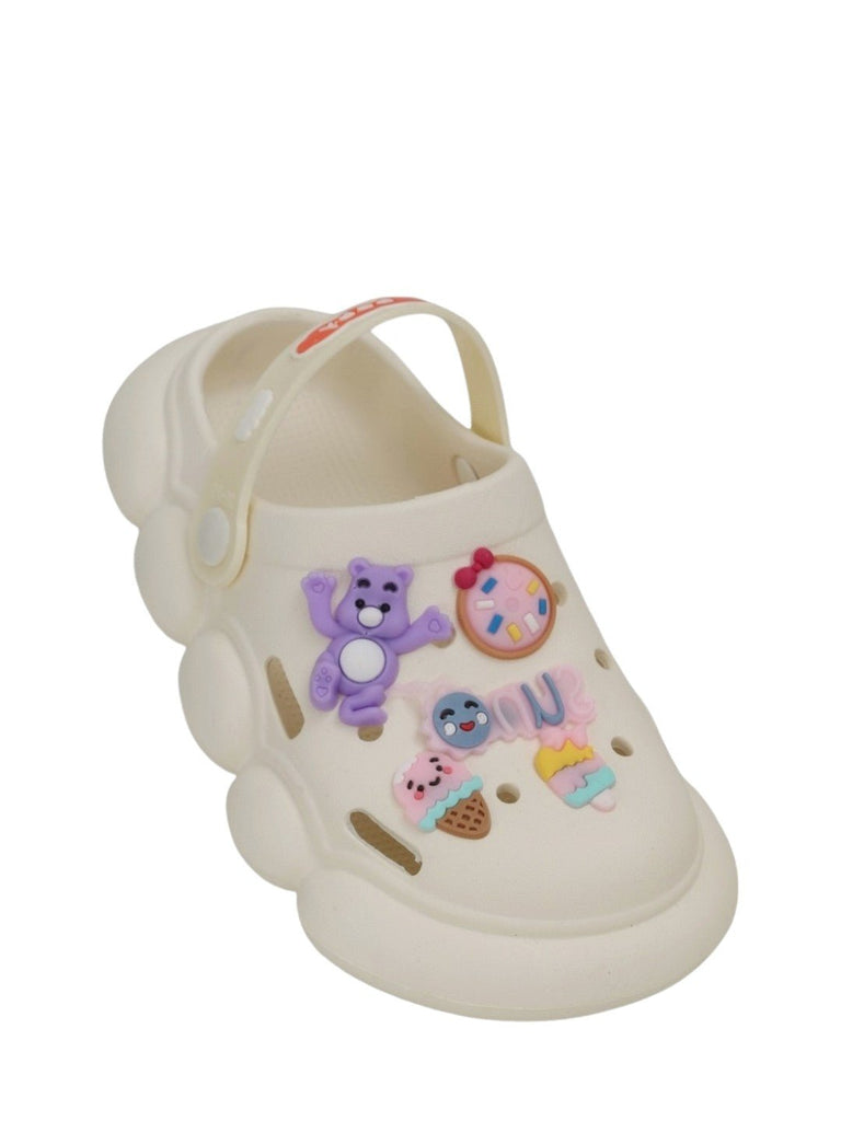 Close-up of beige Toddler Fantasy Clog showing detailed charms of bears and desserts