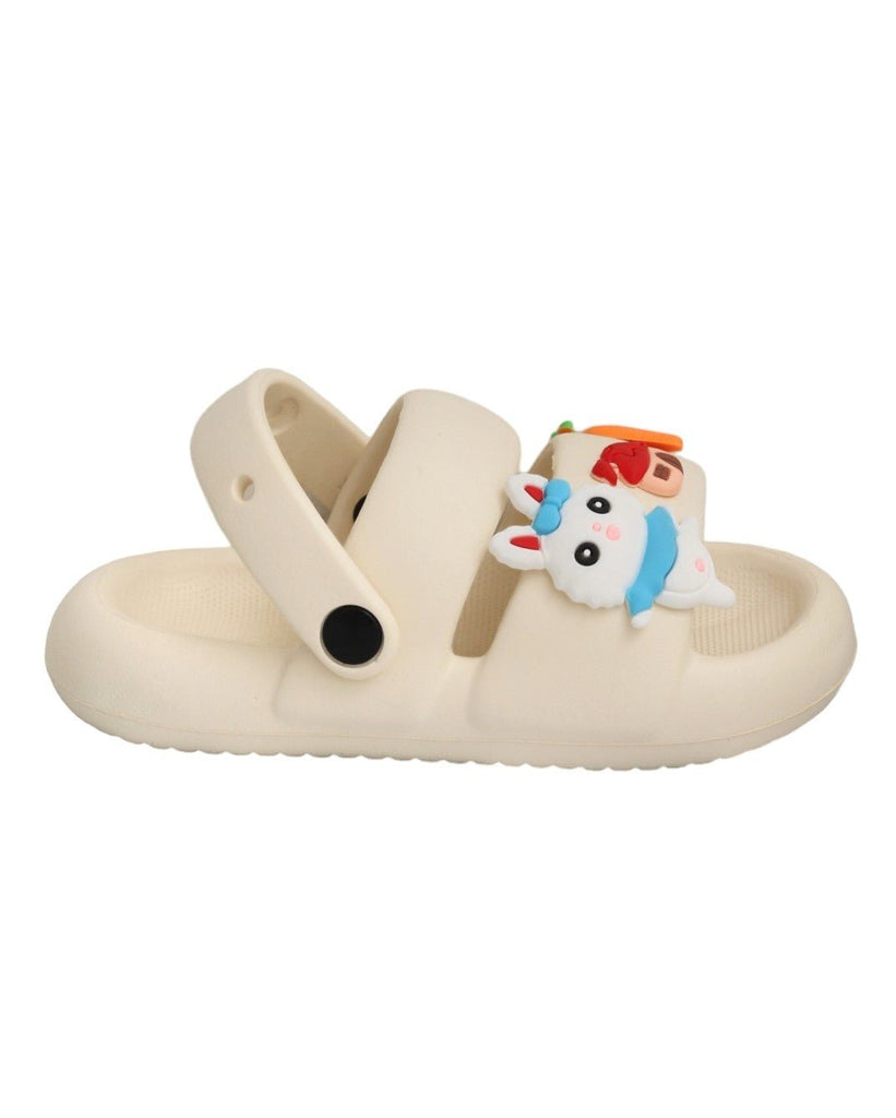 Side View of Cream Sandals Revealing the Fun Bunny Themed By Yellow Bee.