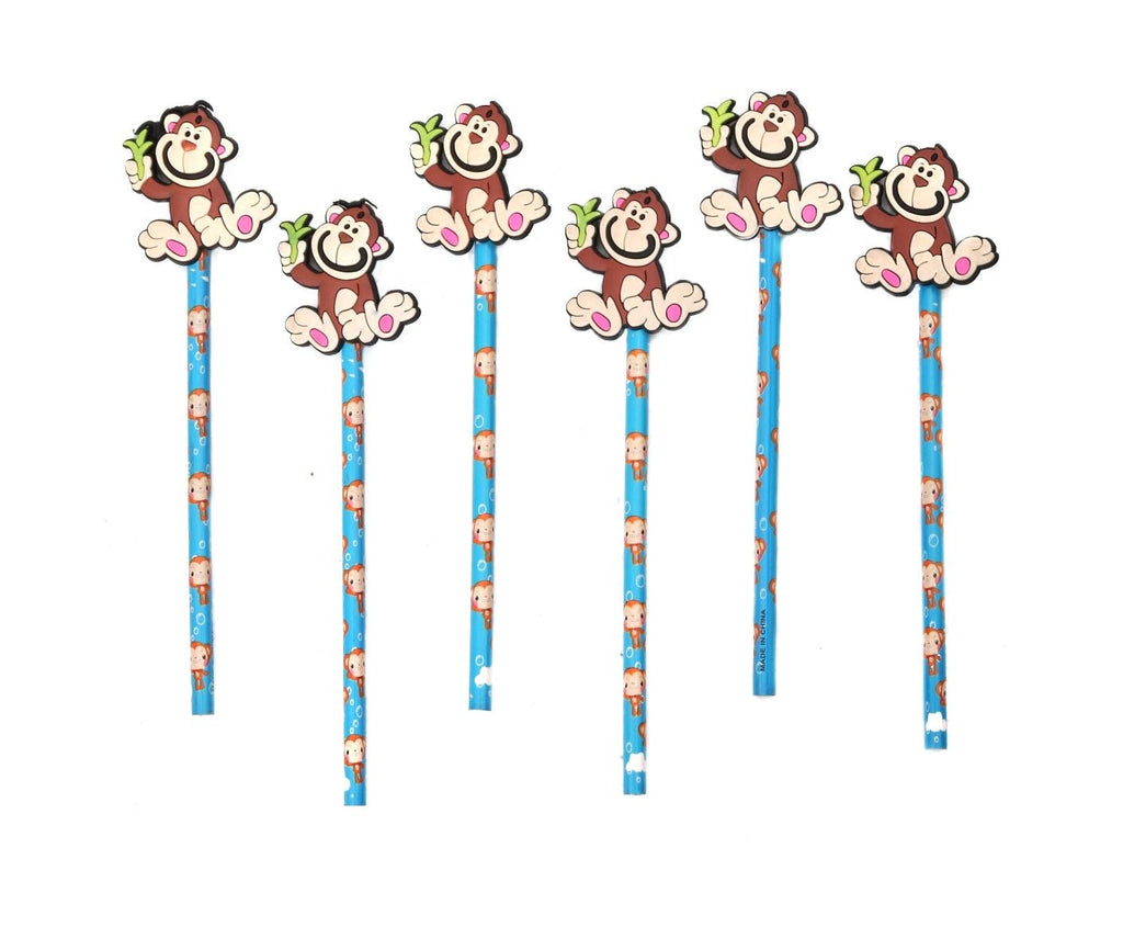 Front View of Yellow Bee Multicolor Pencils with Monkey Motifs