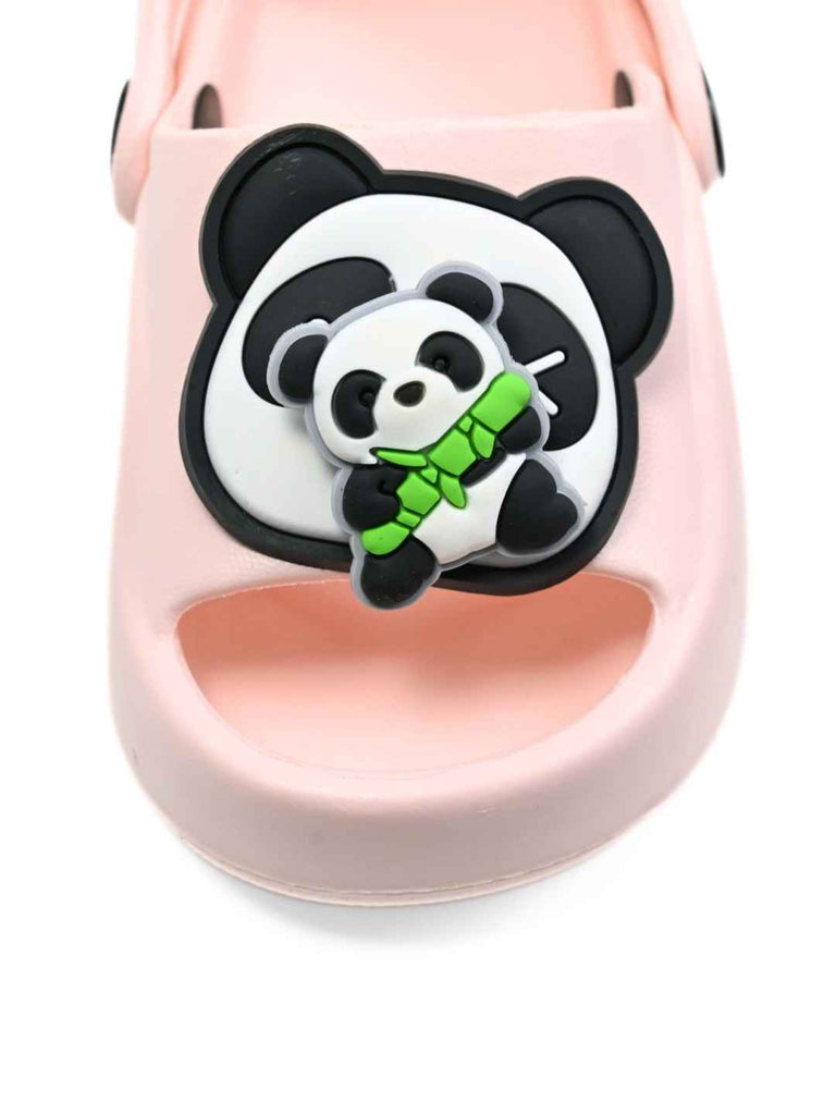Yellow Bee Girls' Rotating Panda Charm Sandals – Pink EVA Slip Ons with 3D Bamboo Design- Front view