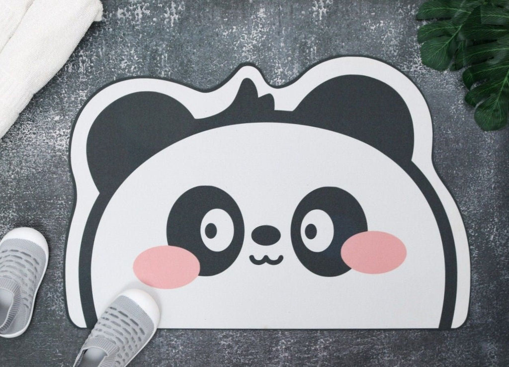  Front view of Yellow Bee's Panda Face Door Mat placed on a floor setting.