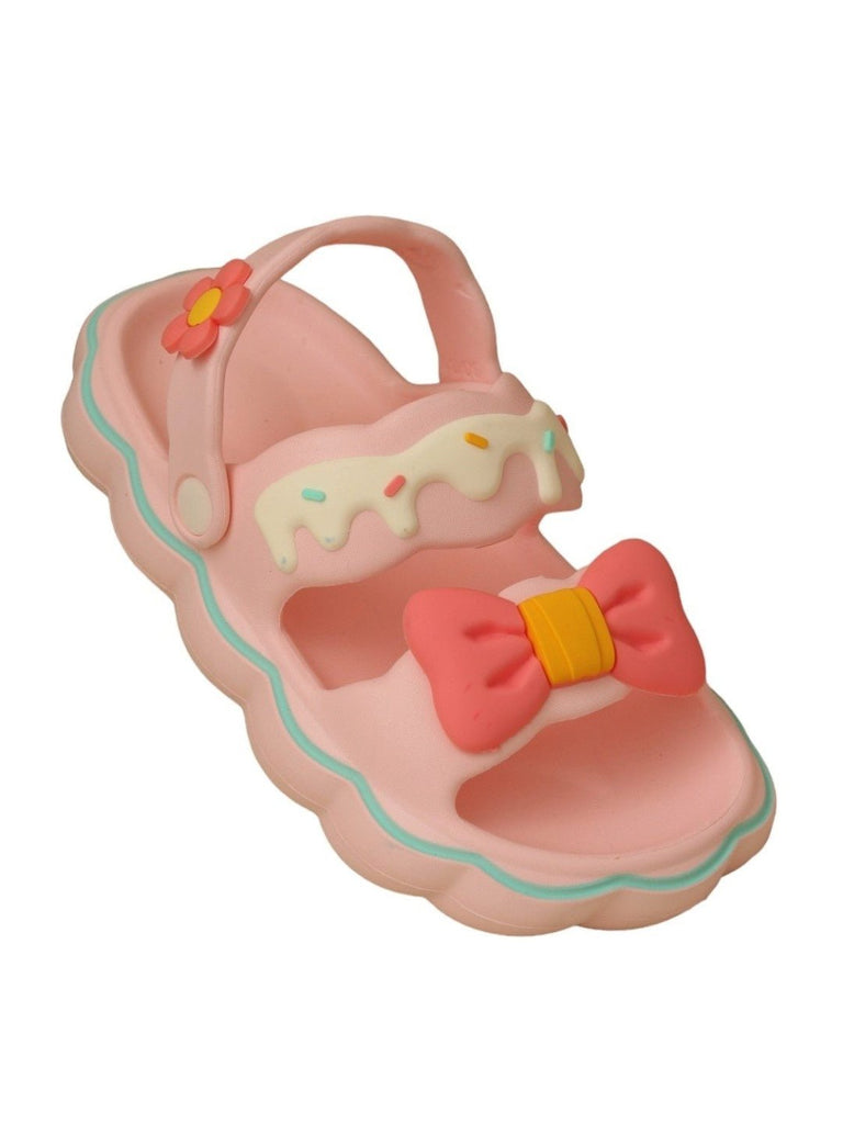 Side angle view of Yellow Bee Pink Bow Delight Sandals For Girls highlighting the playful bow and detailed design.