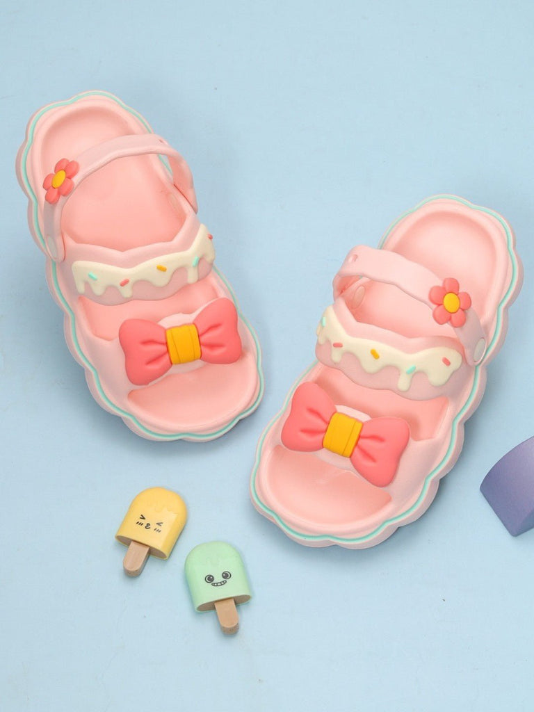 Creative display of Yellow Bee Pink Bow Delight Sandals For Girls with colorful bow design.