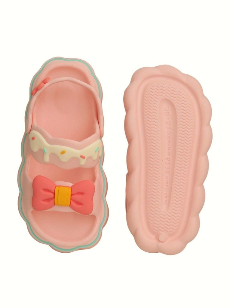 Front and back view of Yellow Bee Pink Bow Delight Sandals For Girls showcasing the design and sole.