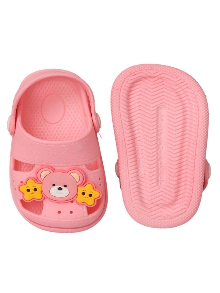 Front and Back View of Yellow Bee Charming Pink Teddy Bear Playtime Clogs For Girls