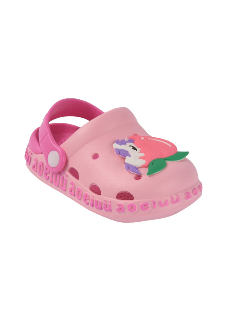 Pink children's clogs showcasing a whimsical unicorn character with peach accents and breathable design.