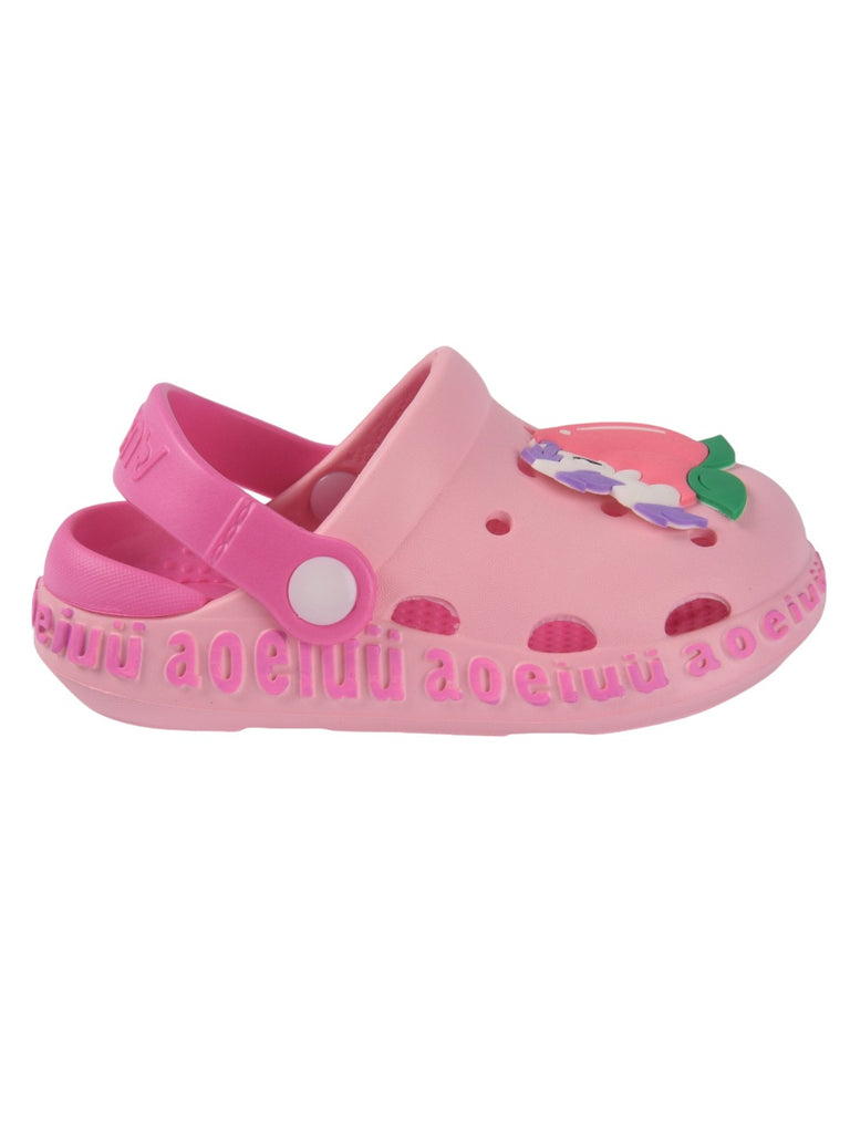 Pink children's clogs showcasing a whimsical unicorn character with peach accents and breathable design-new