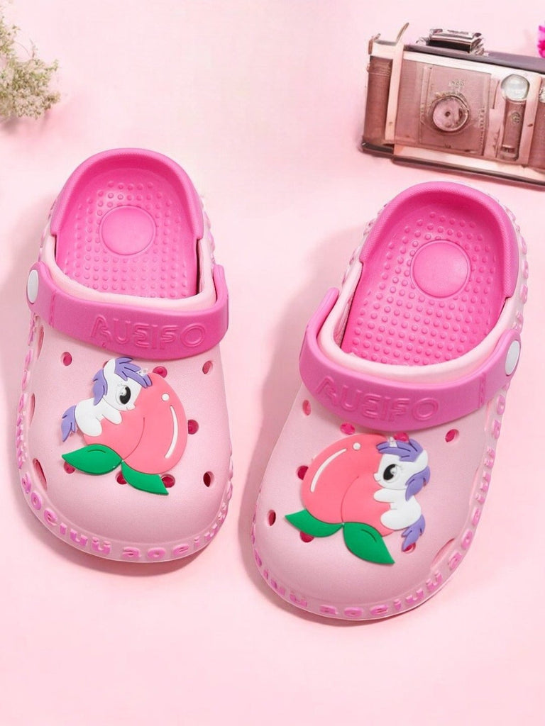 Pink garden clogs for kids with a playful unicorn and peach design on a cushioned base..