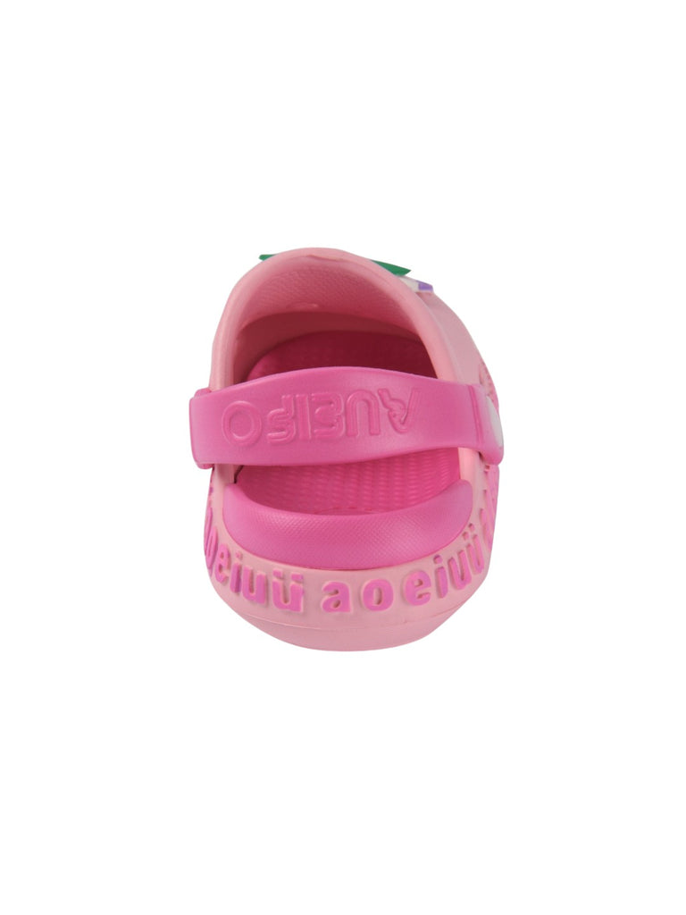 Pair of pink unicorn-themed garden clogs for kids, emphasizing the heel strap and fun details.-bk