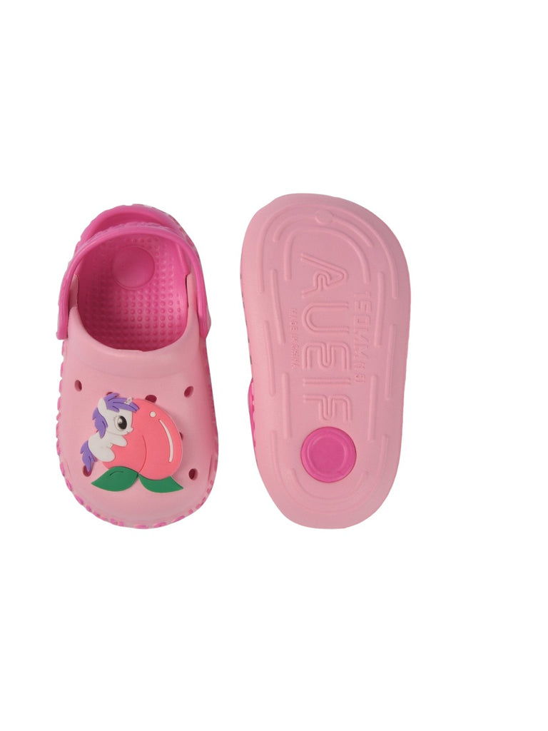 Pair of pink unicorn-themed garden clogs for kids, emphasizing the heel strap and fun details.