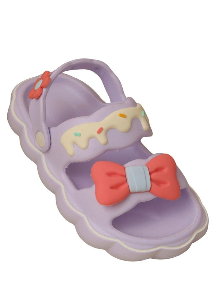 Front angle view of Charming Purple Bow Cake Sandals for Girls by Yellow Bee