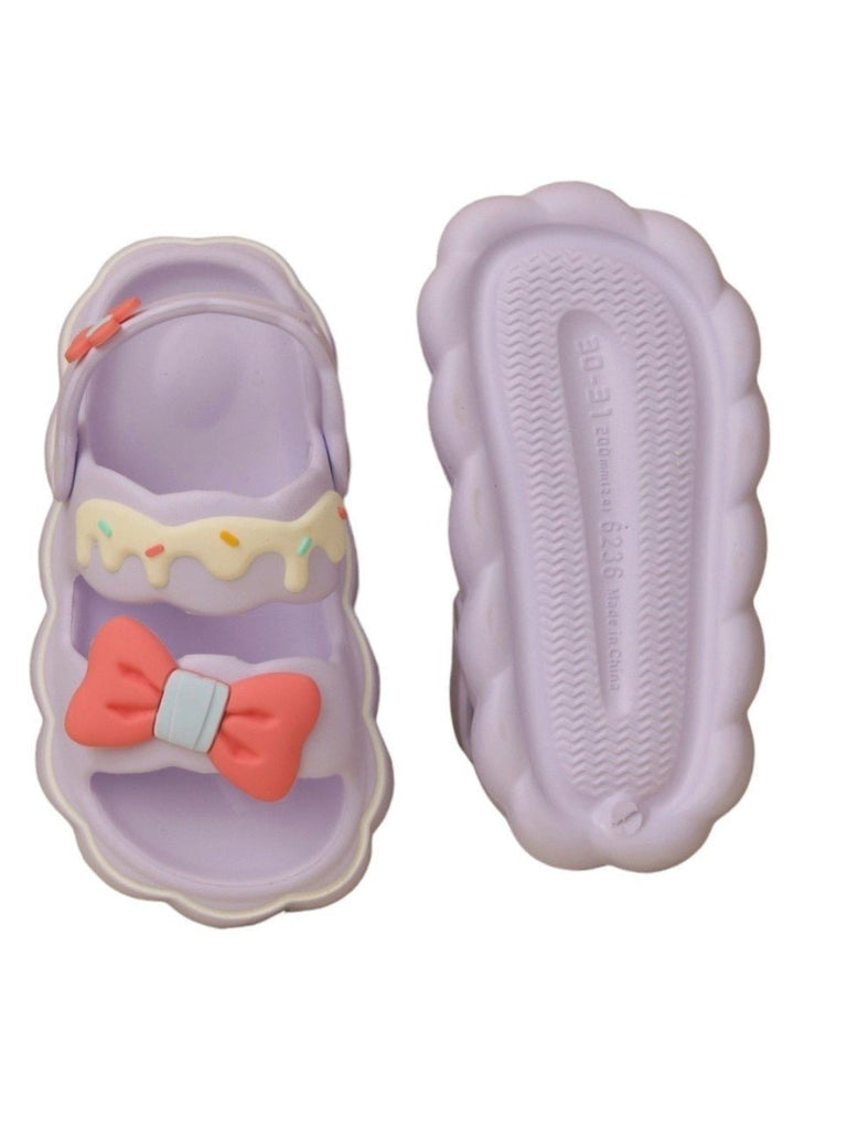 Front and back view of Charming Purple Bow Cake Sandals for Girls by Yellow Bee