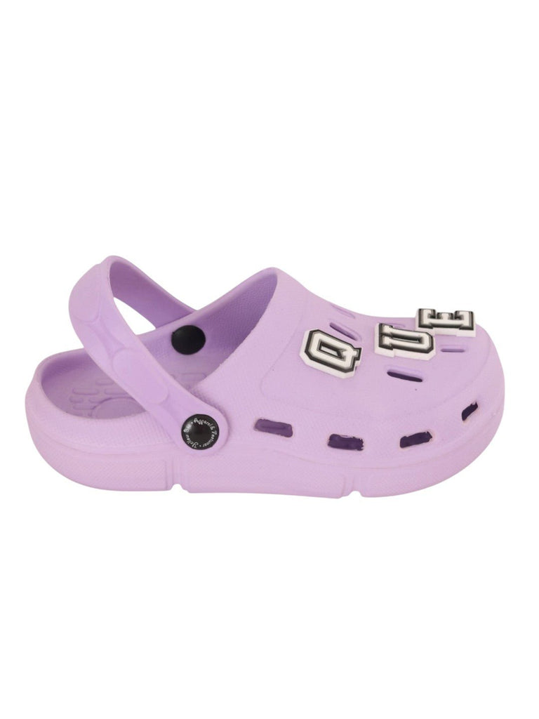 Charming Purple Clogs with “QUEEN” Letter & Gem Charms for Girls-Side View