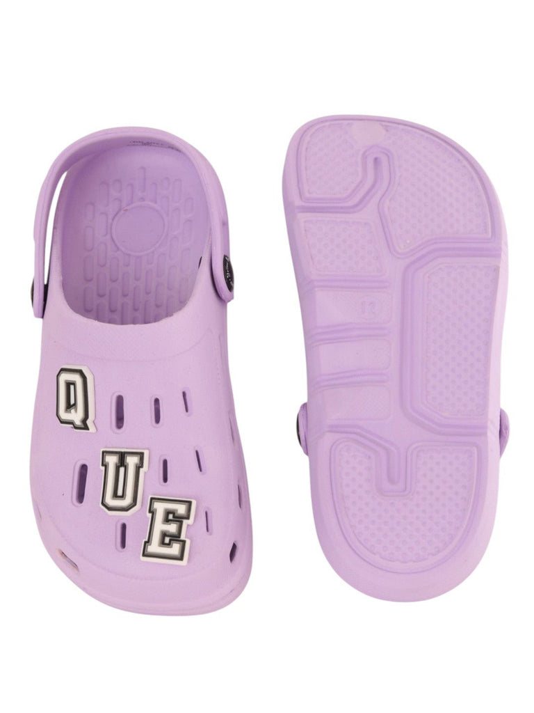 Charming Purple Clogs with “QUEEN” Letter & Gem Charms for Girls-Front & Back View