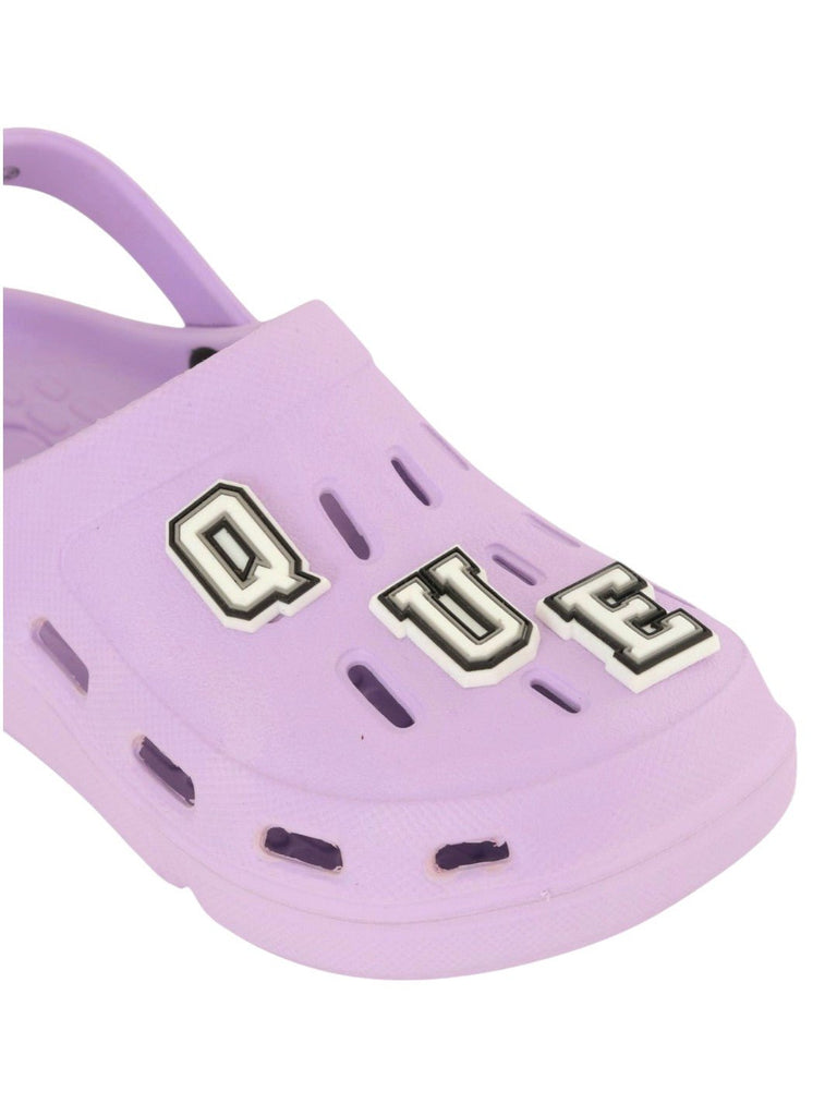 Charming Purple Clogs with “QUEEN” Letter & Gem Charms for Girls-Close up view