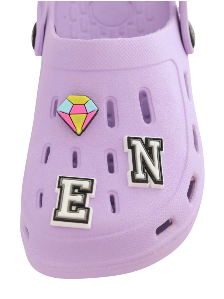 Charming Purple Clogs with “QUEEN” Letter & Gem Charms for Girls-Front View