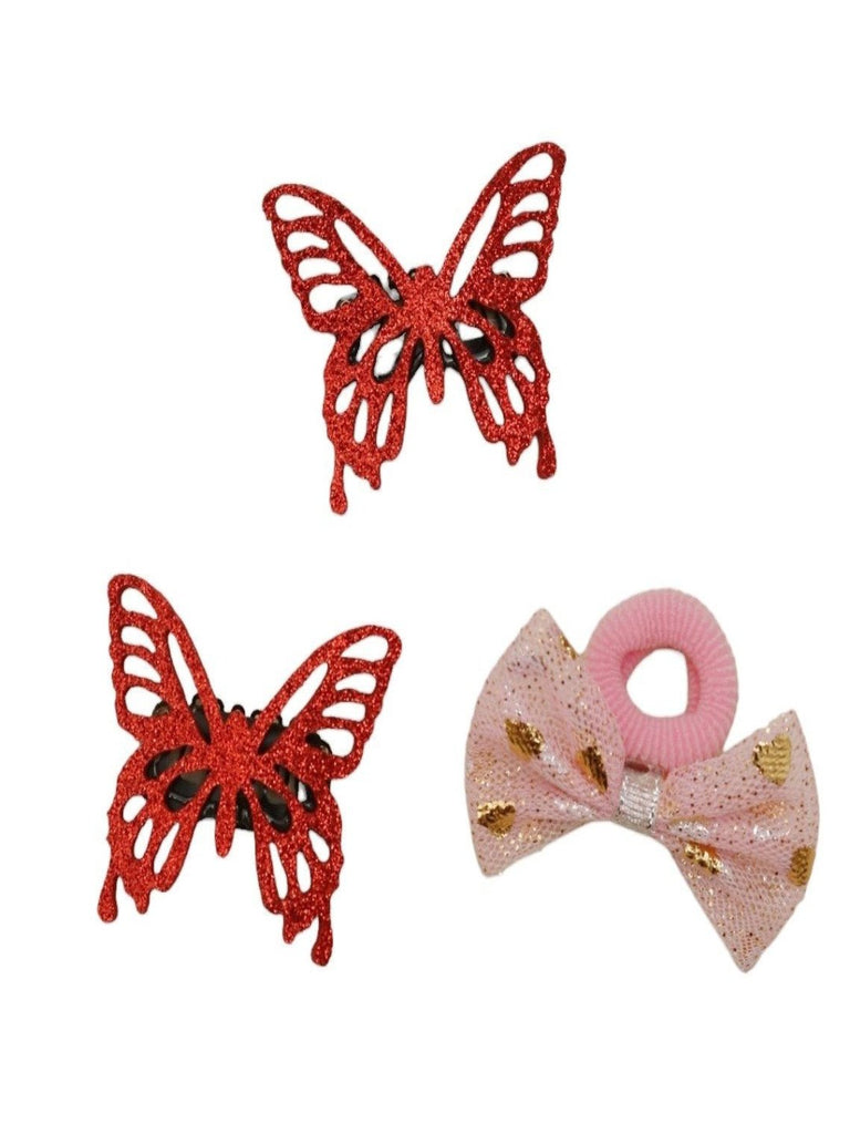 Red Lace and Pink Glitter Bow Clips Set for Young Girls