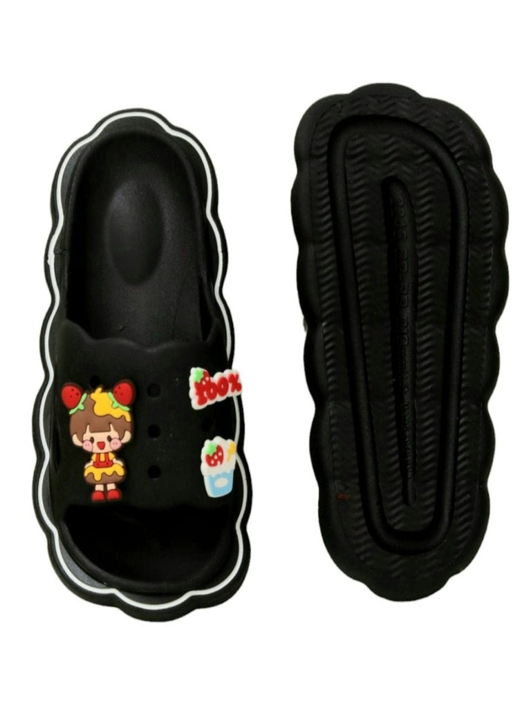 Front and back view of Charming Sleek Black Sliders with Fun Cartoon Decorations for Girls