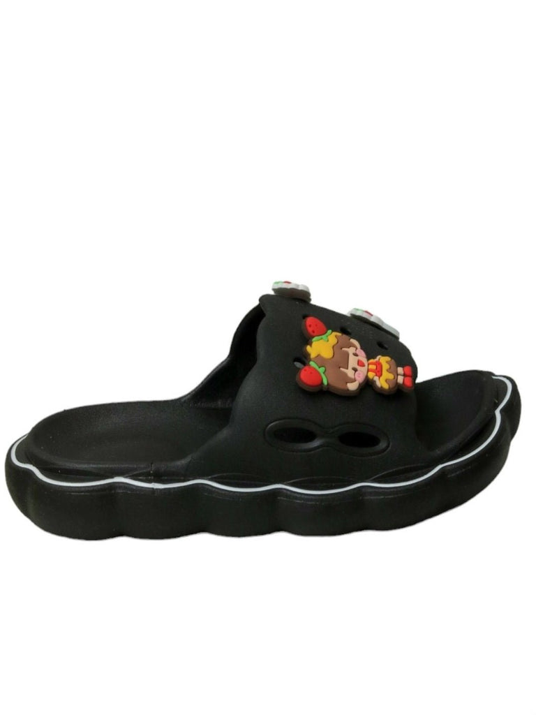 Side view of Charming Sleek Black Sliders with Fun Cartoon Decorations for Girls