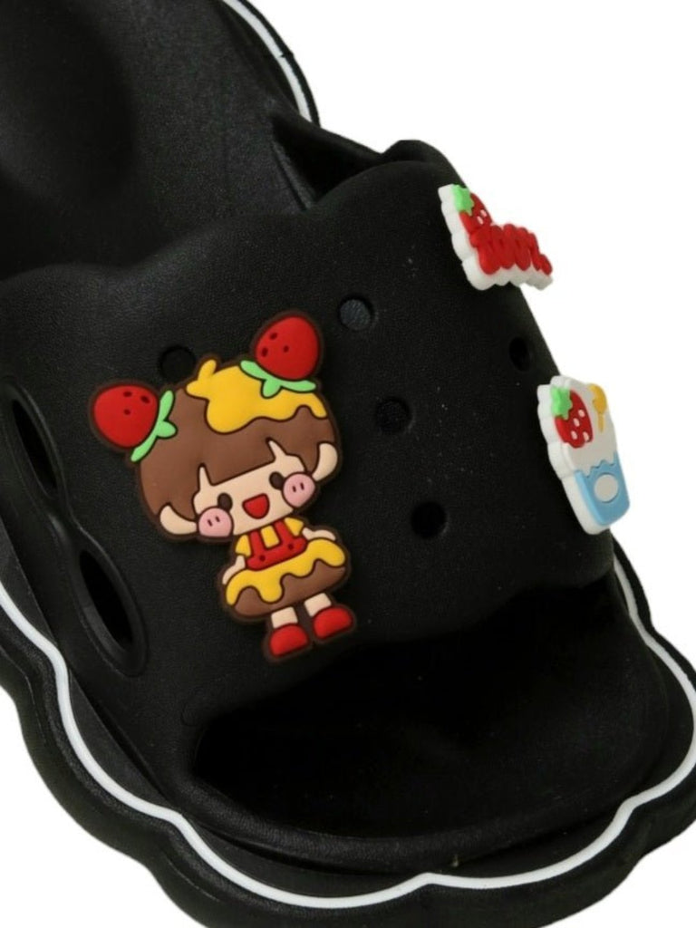 Close-up view of Charming Sleek Black Sliders with Fun Cartoon Decorations for Girls