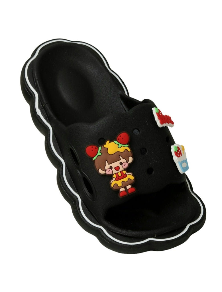 Angle view of Charming Sleek Black Sliders with Fun Cartoon Decorations for Girls