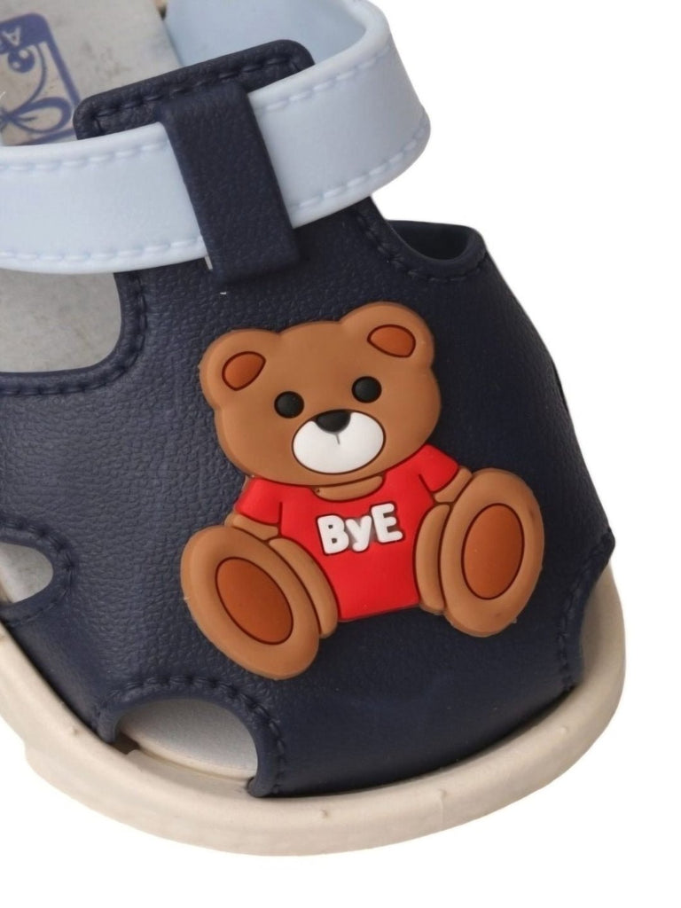 Close-up view of the teddy bear design on Yellow Bee Teddy Bear Strap Sandals For Boys.