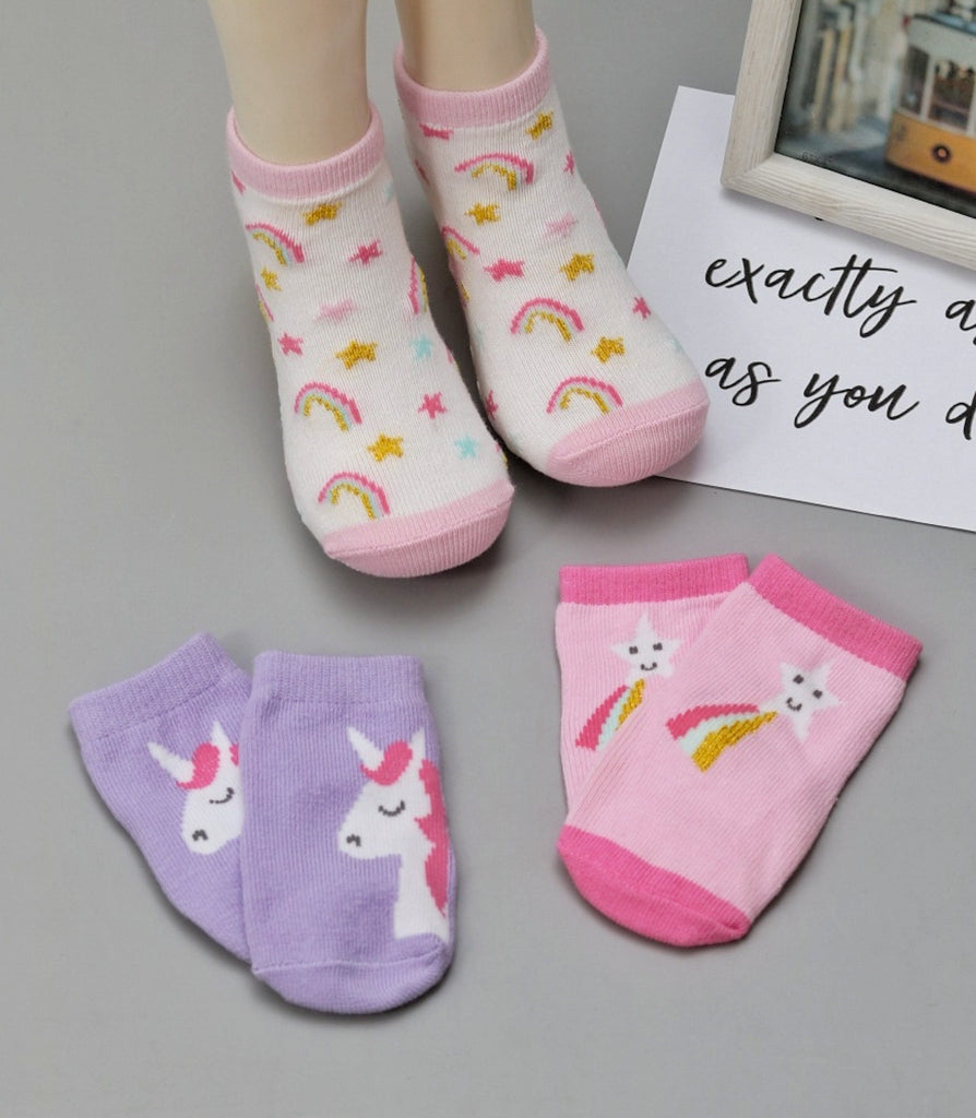 Yellow Bee Unicorn, Rainbow & Star themed Socks For Baby Girls.