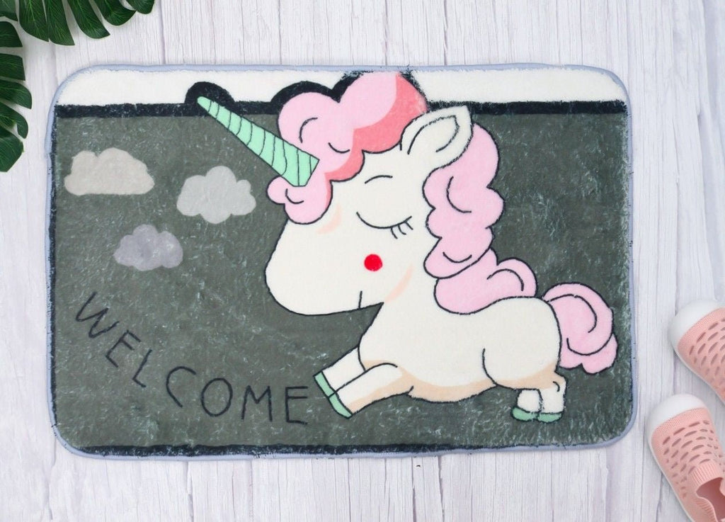 Yellow Bee's Unicorn Welcome Doormat in Multicolour with Clouds