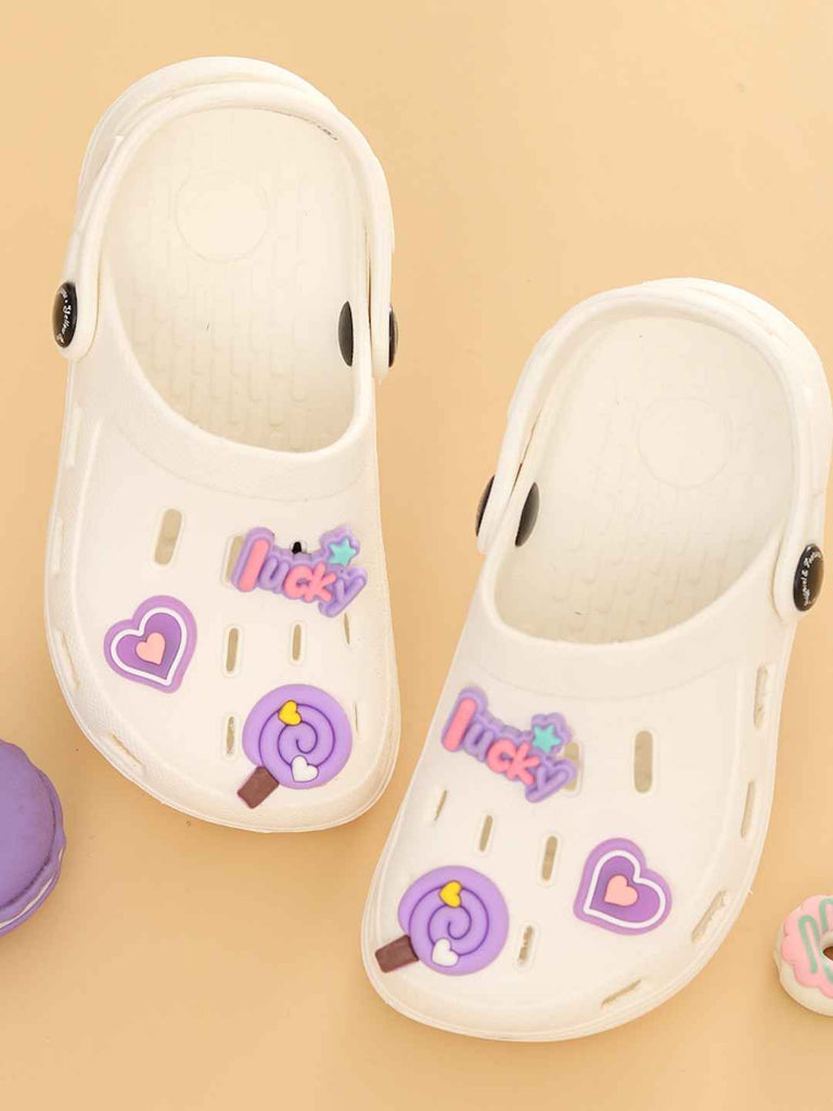 Charming White Clogs with Purple Candy & Heart Charms for Girls-Creative View
