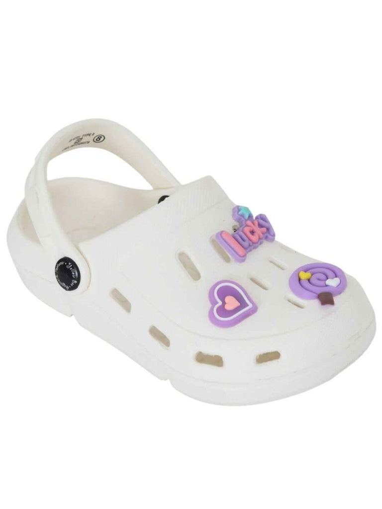 Charming White Clogs with Purple Candy & Heart Charms for Girls-Angle View