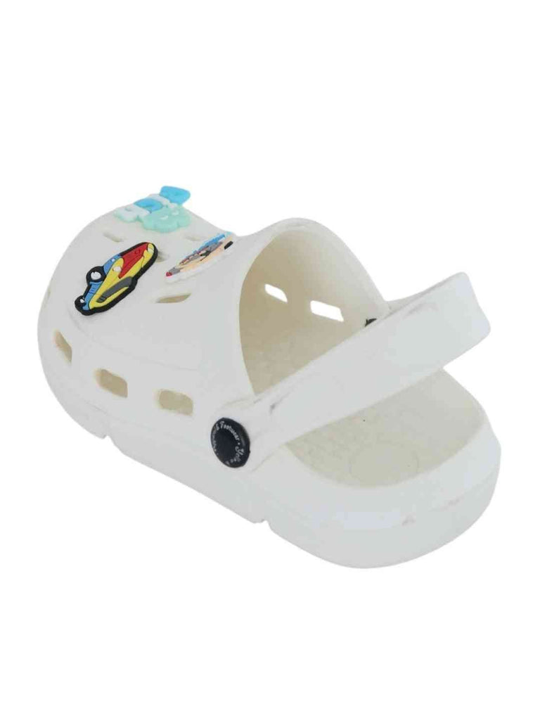 Charming White Clogs with Surfing, Racing Car & 'Rich' Charm for Boys-Back View