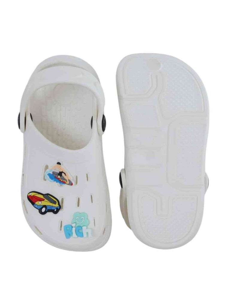 Charming White Clogs with Surfing, Racing Car & 'Rich' Charm for Boys-Front & Back View