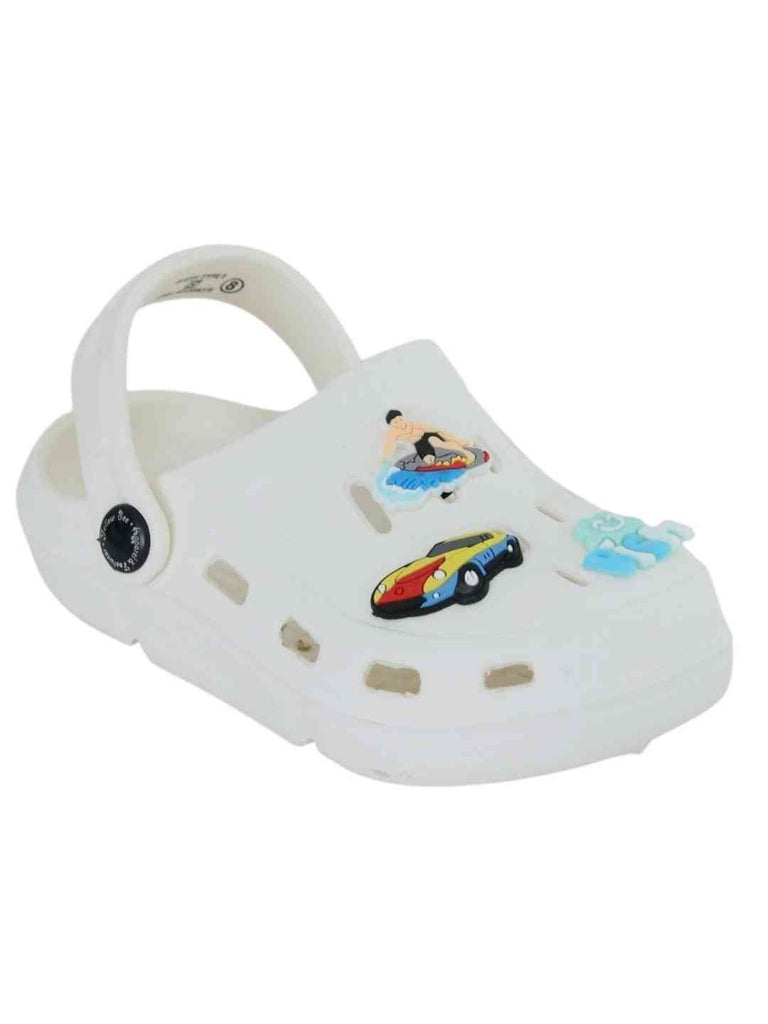 Charming White Clogs with Surfing, Racing Car & 'Rich' Charm for Boys-Angle View