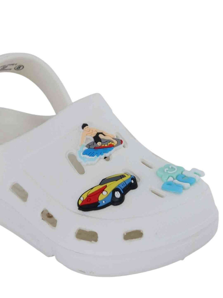 Charming White Clogs with Surfing, Racing Car & 'Rich' Charm for Boys-Close up view