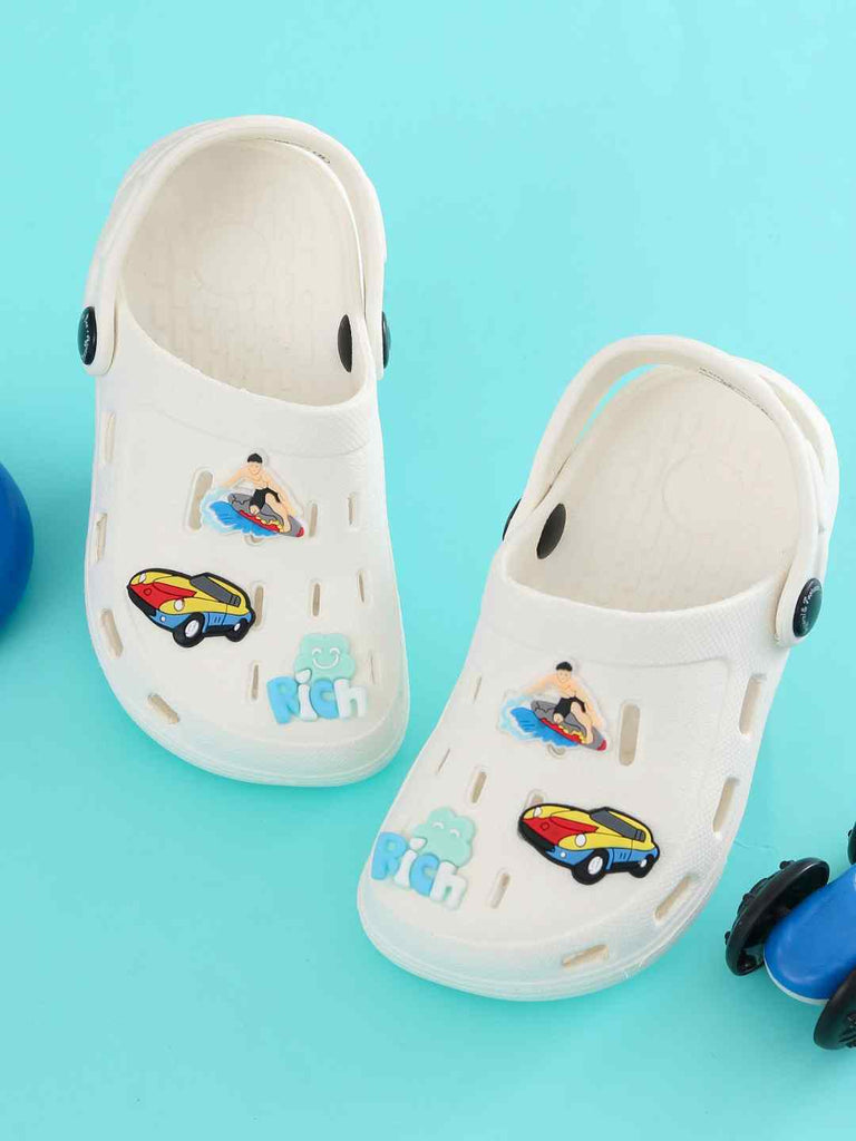 Charming White Clogs with Surfing, Racing Car & 'Rich' Charm for Boys-Creative View