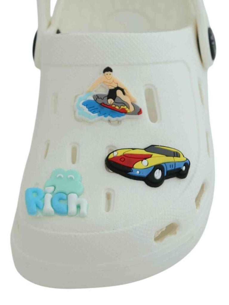 Charming White Clogs with Surfing, Racing Car & 'Rich' Charm for Boys-Front View
