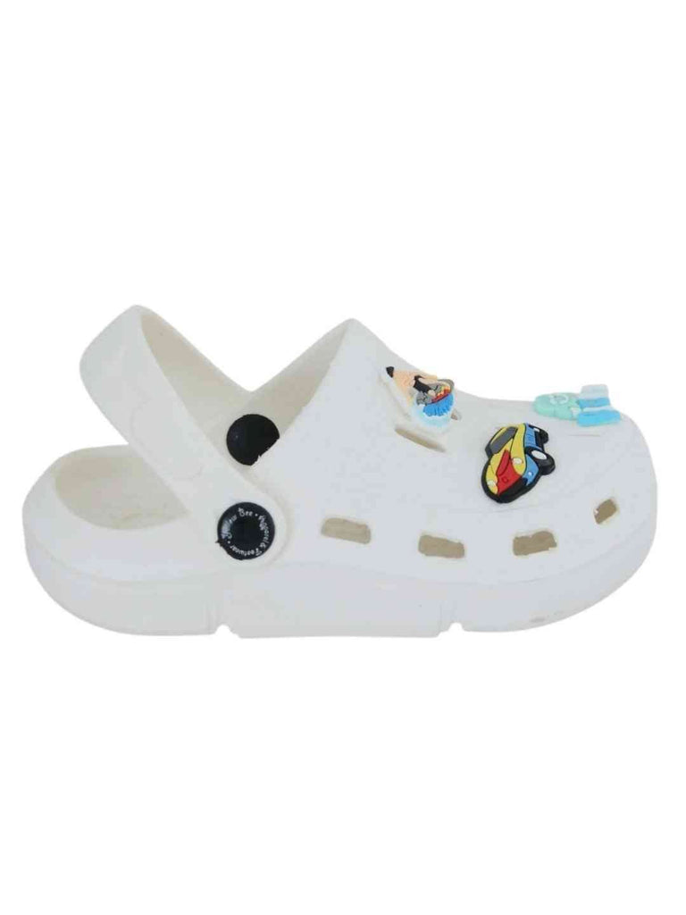 Charming White Clogs with Surfing, Racing Car & 'Rich' Charm for Boys-Side View