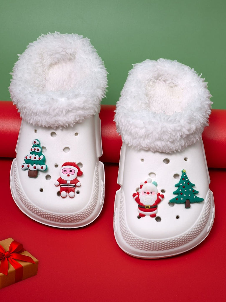 Charming Winter Fur Lined Clogs with Santa & Christmas Charms for Boys & Girls -White - Creative View