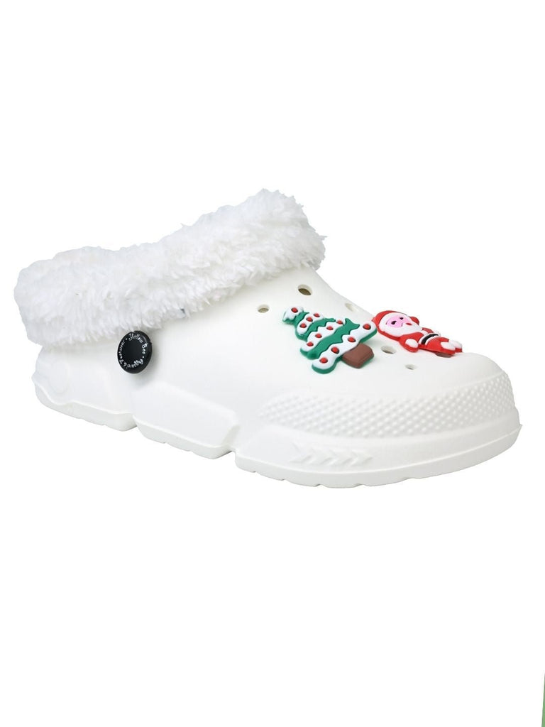Charming Winter Fur Lined Clogs with Santa & Christmas Charms for Boys & Girls -White - Angle View