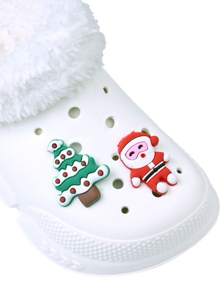 Charming Winter Fur Lined Clogs with Santa & Christmas Charms for Boys & Girls -White - Close Up View