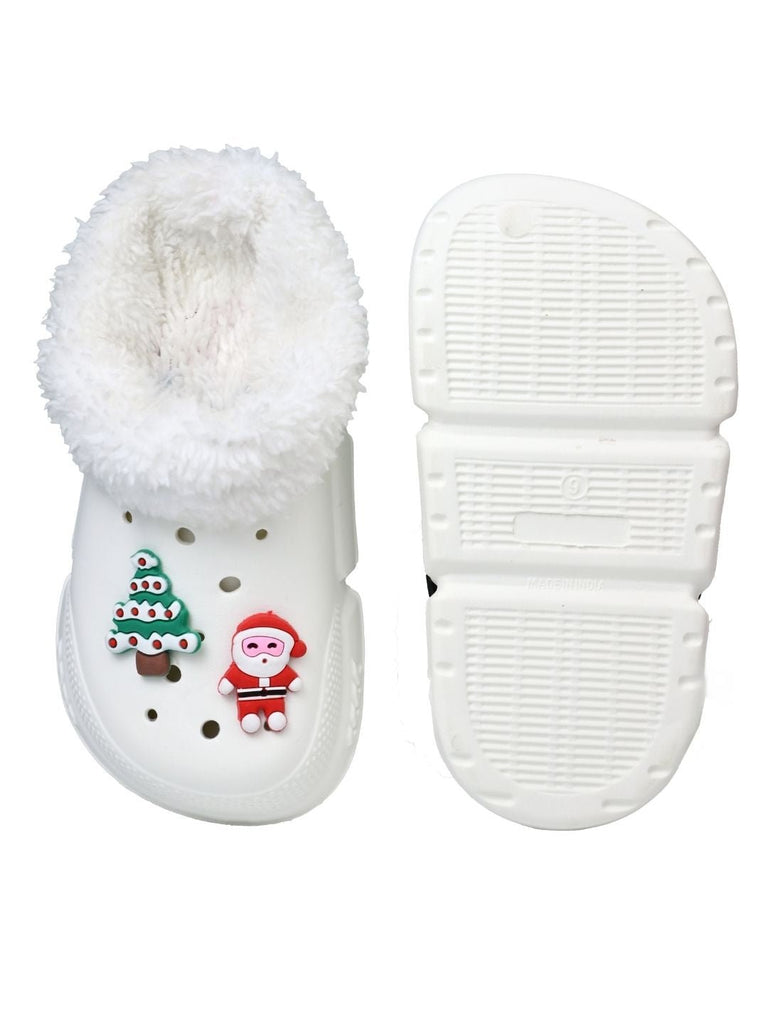 Charming Winter Fur Lined Clogs with Santa & Christmas Charms for Boys & Girls -White - Top & Bottom View