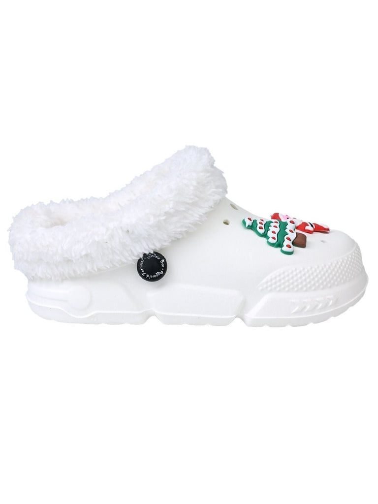 Charming Winter Fur Lined Clogs with Santa & Christmas Charms for Boys & Girls -White - Side View
