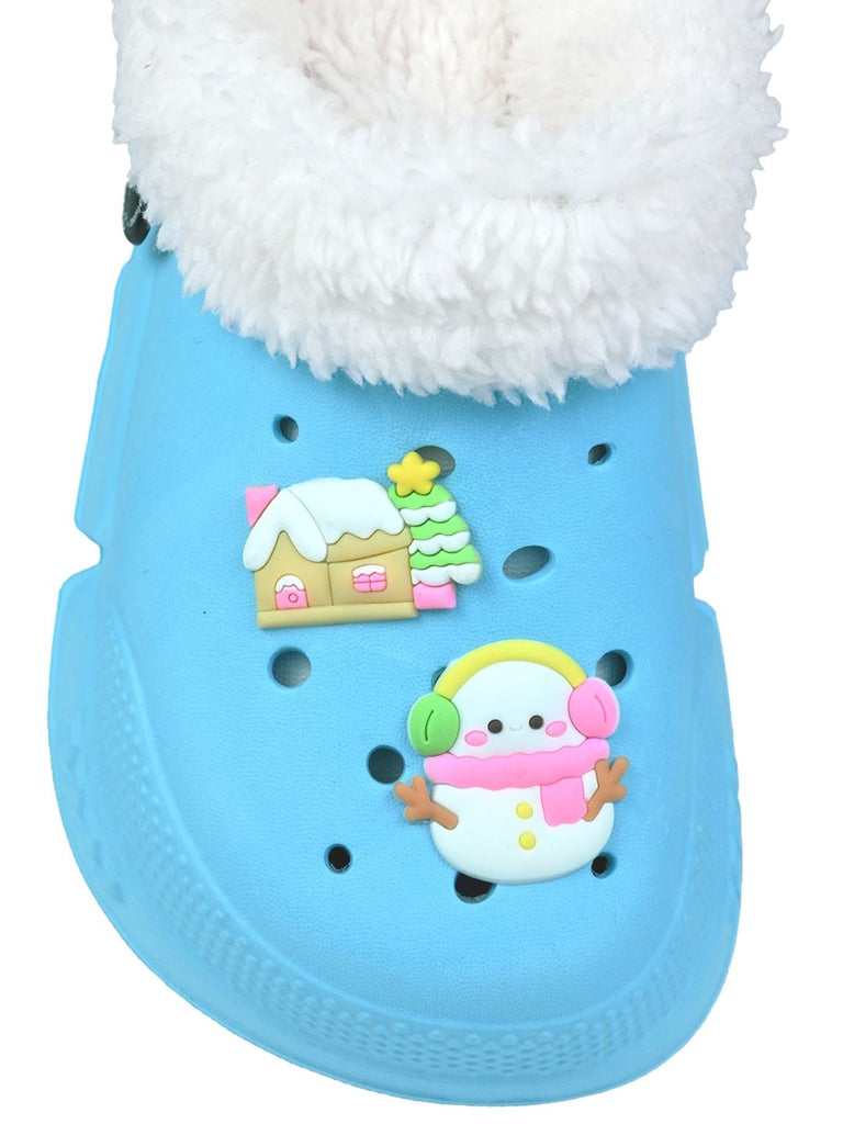 Charming Winter Fur Lined Clogs with Snowman & Christmas Charms for Girls- Blue - Top View